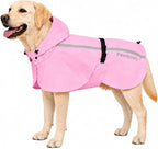 Stretch Fabric Dog Raincoat with Hood, Reflective Rain Poncho for Medium Large Dogs, Adjustable Waterproof Dog Rain Jacket with Leash Opening, Pink, Large