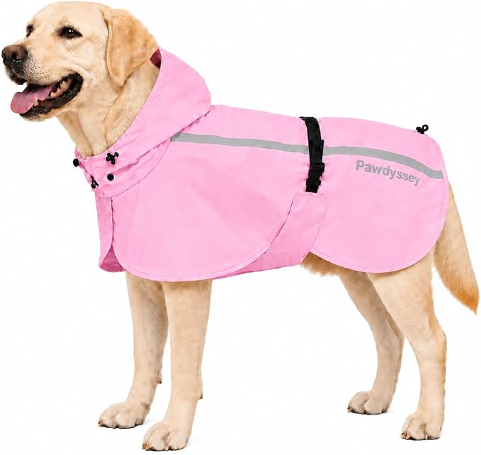 Stretch Fabric Dog Raincoat with Hood, Reflective Rain Poncho for Medium Large Dogs, Adjustable Waterproof Dog Rain Jacket with Leash Opening, Pink, Large