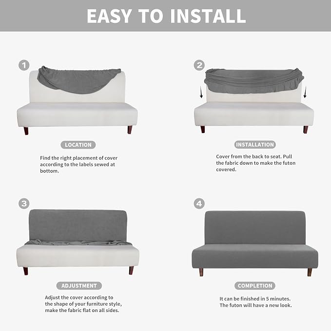 Easy-Going 100% Waterproof Futon Cover, Stretch Futon Slipcover Medium | Dual Waterproof Armless Futon Couch Cover, Leakproof Sofa Bed Furniture Protector for Kids Pets Dog Cat, Grey