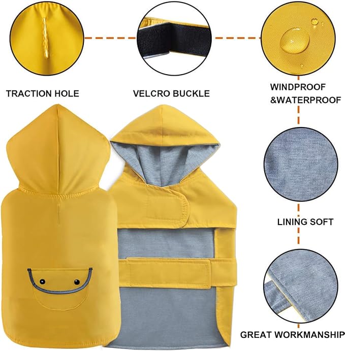 Dog Raincoat Dogs Rain Jacket Reflective Waterproof Pet Clothes Lined Poncho Rainwear Pocket Hooded Leash Hole Adjustable for Small Medium Dogs Puppy,Yellow,XXL,Back Length 16.9 Inch