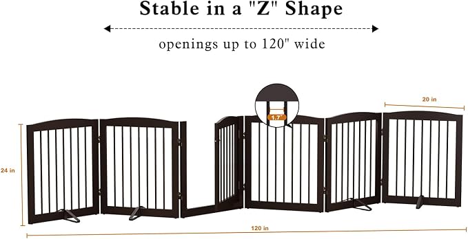 PUPETPO Freestanding Pet Gates with Walk Through Door, Dog Indoor Fence, Dog Gate for The House, Doorway, Stairs, Extra Wide Pet Gate, Support Feet Included, 120 Inch Wide, 6 Panels 24" Tall, Brown
