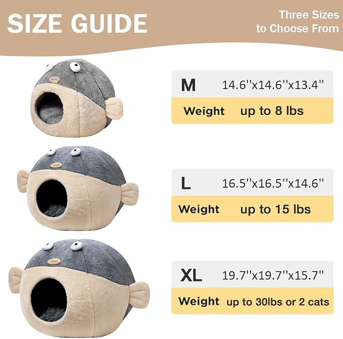 Cat Beds for Indoor Cats-19.7''Cute Pufferfish Larger Cat Cave Bed,Grey XL | 2 in 1 Animal-Shaped Cat House with Removable Washable Cushioned Pillow,Soft plush Cat Tent for cat Hideaway,Machine Washable