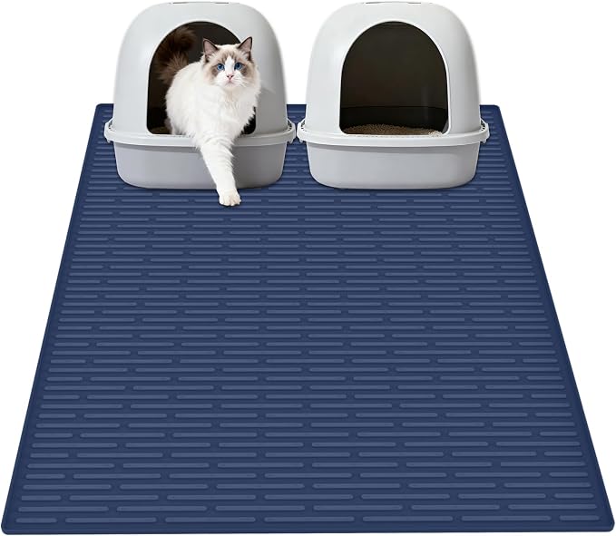 XXL Extra Large Silicone Cat Litter Trapping Mat for Scatter Control, 40"x30"(100cmx75cm) Waterproof Kitty Litter Box mat for Floor, Soft on Kitty Paws, Easy to Clean, Dark Blue