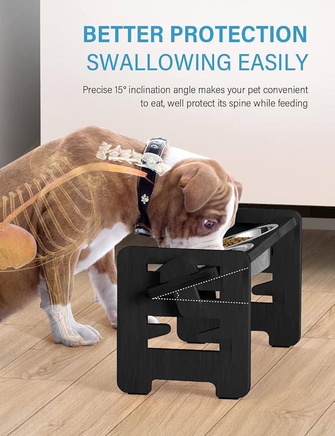 Vantic Elevated Dog Bowls, Raised Dog Bowl Stand Adjustable Small, Black | Bamboo Elevated Feeder with 2 Stainless Steel Bowls, Adjustable Height Stand for Small Puppies and Cats