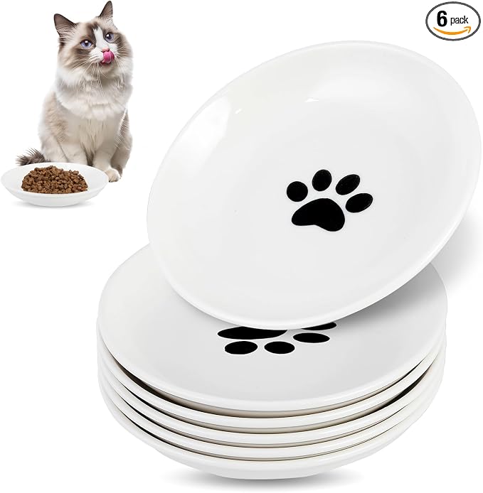 6 Pack Cat Food Bowl, Ceramic Cat Bowls, Anti Whisker Fatigue Cats Bowl Set | 5.5 Inches Shallow Wide Kitten Plates for Food and Water (White-E)