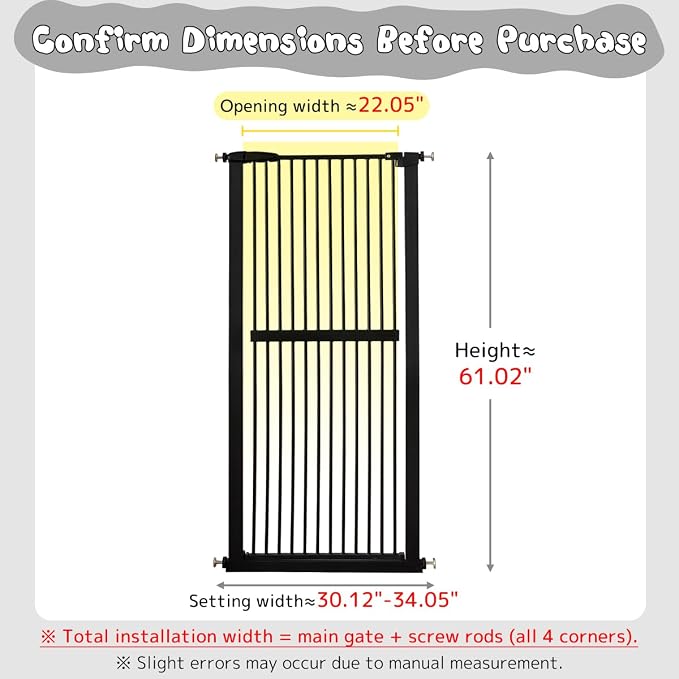 Lumizone 61.02" Extra Tall Pet Gate for Cat Dog 30.12"-34.05" Wide Black | Extra Tall Cat Gate for Doorway Hallway Stairs Pressure Mounted 1.37" Gap No Drilling Auto-Close Dual-Lock