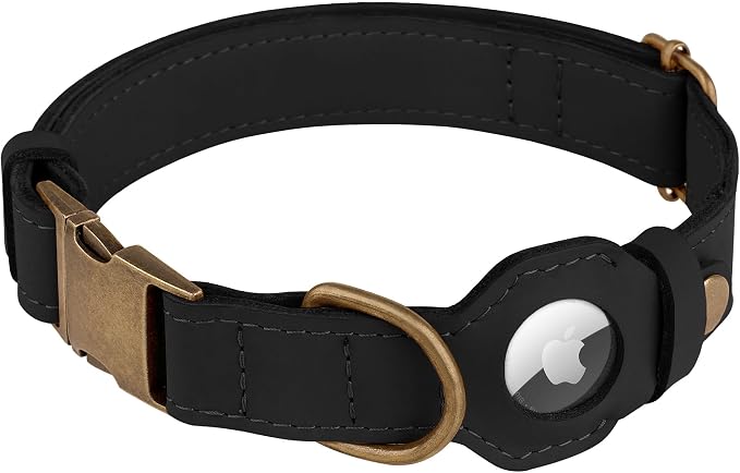 AirTag Dog Collar - Genuine Leather Dog Collar with Apple AirTag Holder and Metal Buckle - Smart GPS Tracking Pet Collars (Black, S, 12"-15" Neck Fit)