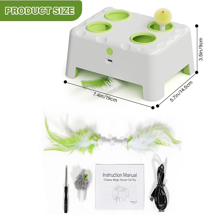 Magic House Cat Toy, Rechargeable Whack-a-Mole Feather Toy | 3 Play Modes, 4 Holes Design, 4 Replacement Accessories, Ideal for Indoor Cats Entertainment