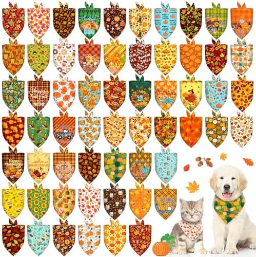 60 Pcs Fall Thanksgiving Dog Bandanas Bulk Adjustable Dog Scarves Pumpkin Turkey Puppy Bandanas Autumn Pet Neckerchief Washable Holiday Bandana for Small Medium Large Dog Pet Grooming Accessories by Piklodo