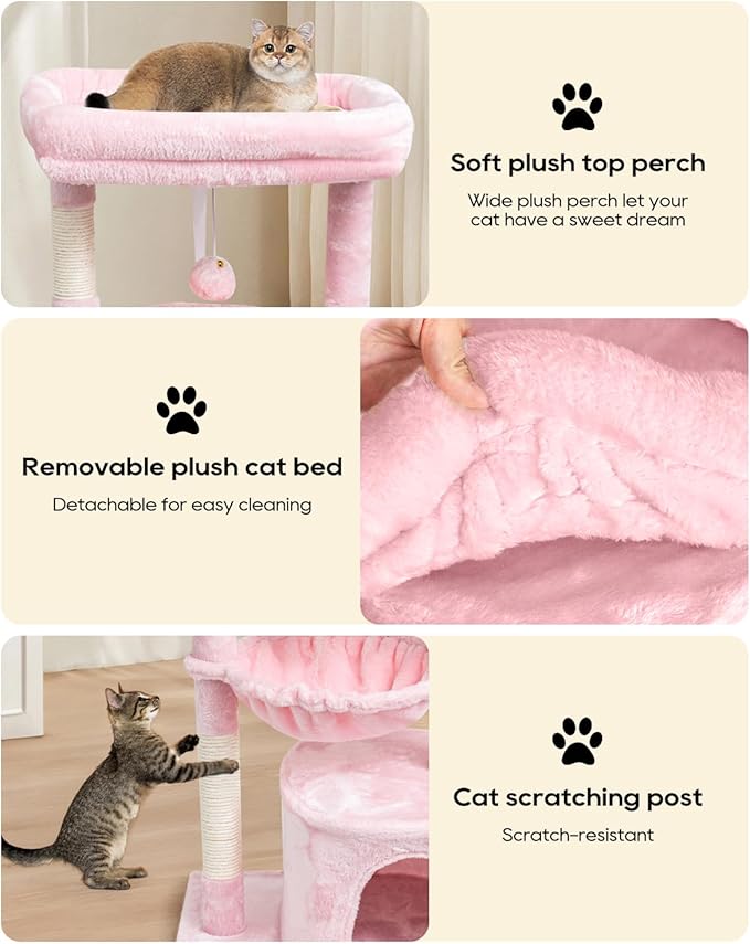 SYANDLVY Pink Cat Tree for Indoor Cats, Modern Tower with Scratching Post | Modern Cat House with Padded Perch, Kittens Condo with Cradle, Cat Cave, Pink