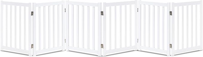LZRS Extra-Wide Freestanding Wooden Dog Gate Indoor – 120" W x 24" H Foldable Safety Pet Barrier for Doorways, Hallways, Kitchens, and Long Staircases, Durable Design fit Small to Medium Dogs, White