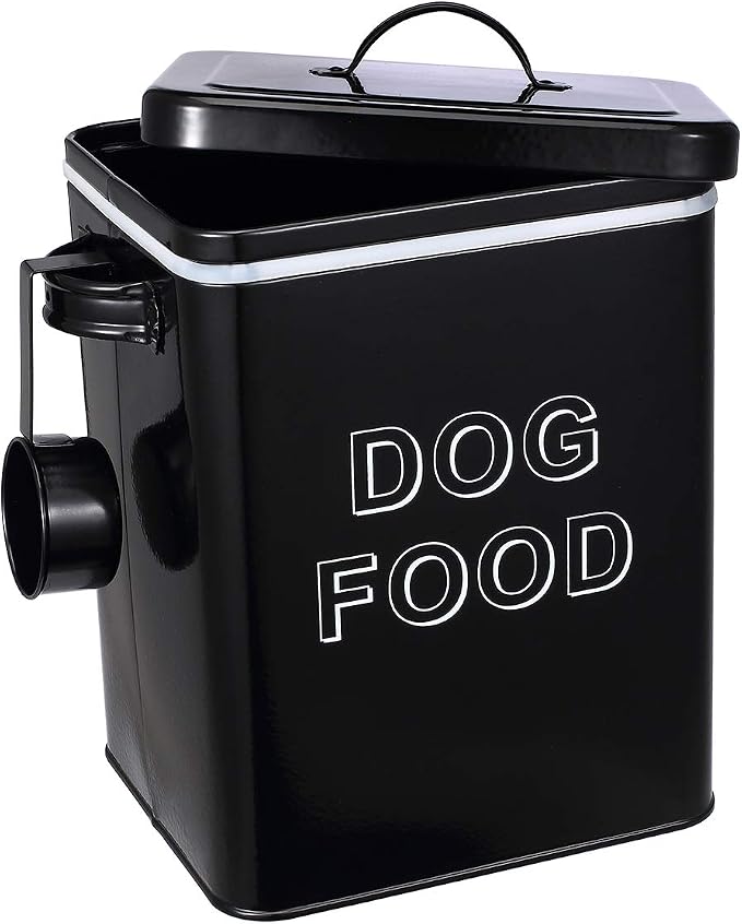 Dog Food Storage Container Farmhouse Pet Food Storage Containers with Lid and Scoop, Perfect Vintage Canister Treats Tin for Kitchen Countertop, Shelf, Great Gift for Pet Owners - Dog Food - Black