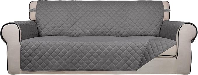PureFit Reversible Quilted Sofa Cover Dog Couch Covers for Sofa, 66 in | Gray/Gray, Water Resistant Couch Protector, Washable Pet Couch Cover with Non Slip and Elastic Straps For Kids