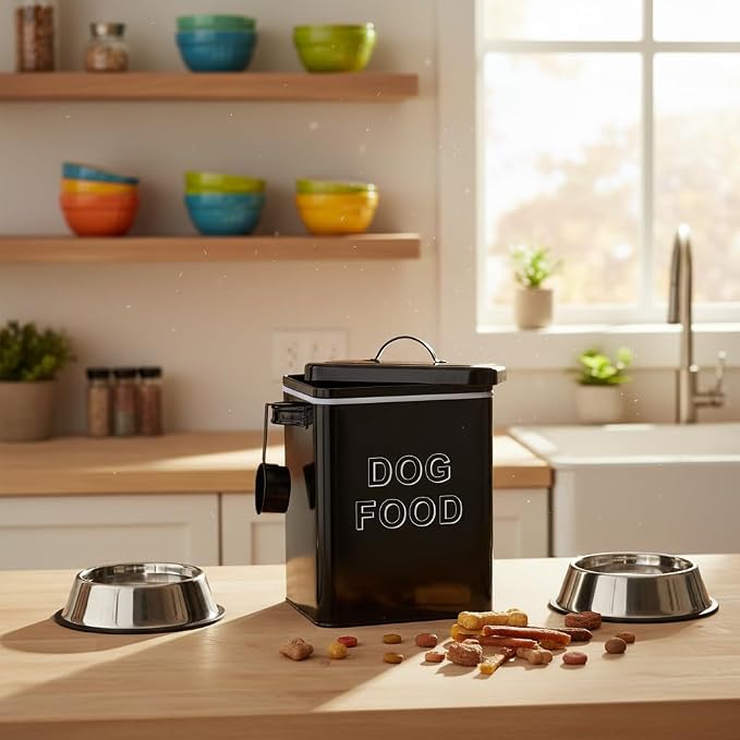 Dog Food Storage Container Farmhouse Pet Food Storage Containers with Lid and Scoop, Perfect Vintage Canister Treats Tin for Kitchen Countertop, Shelf, Great Gift for Pet Owners - Dog Food - Black