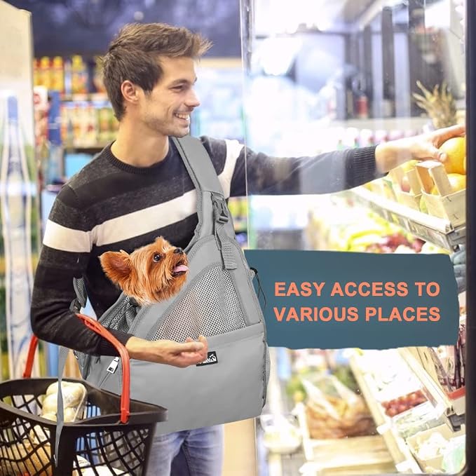 SlowTon Pet Dog Sling Carrier, Hands Free Hard Bottom Papoose Small Animal Puppy Up to 11 lbs Travel Bag Tote Breathable Mesh Support Adjustable Padded Strap Pocket Safety Belt Machine Washable