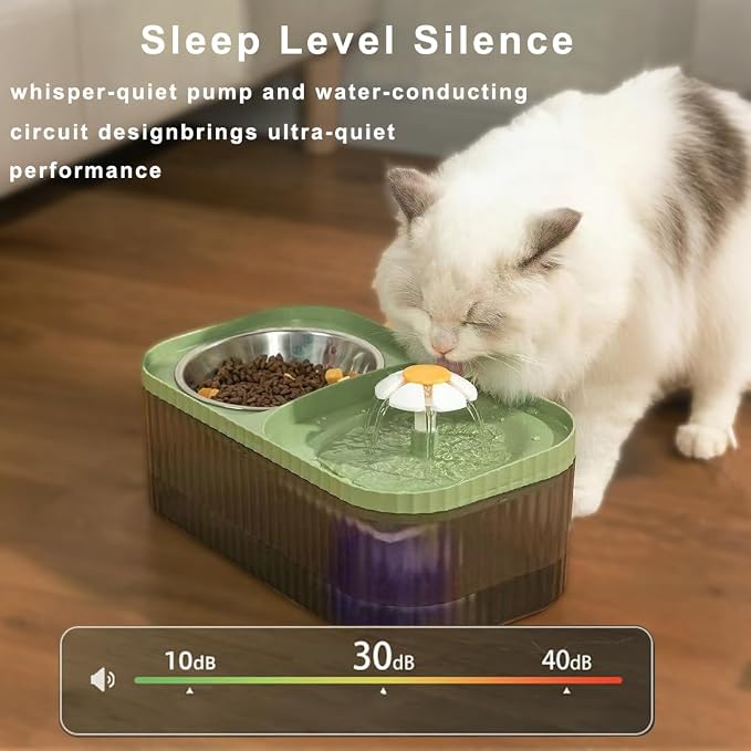 Marchul Cat Water Fountain and Stainless Steel Food Bowl, 100oz/3L Super Quiet Automatic Pet Water Dispenser with Smart Pump and 3 Replacement Filters for Cats and Small Dogs, Green