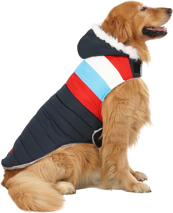 HDE Dog Puffer Jacket Fleece Lined Warm Dog Parka Winter Coat with Harness Hole Patriotic - L