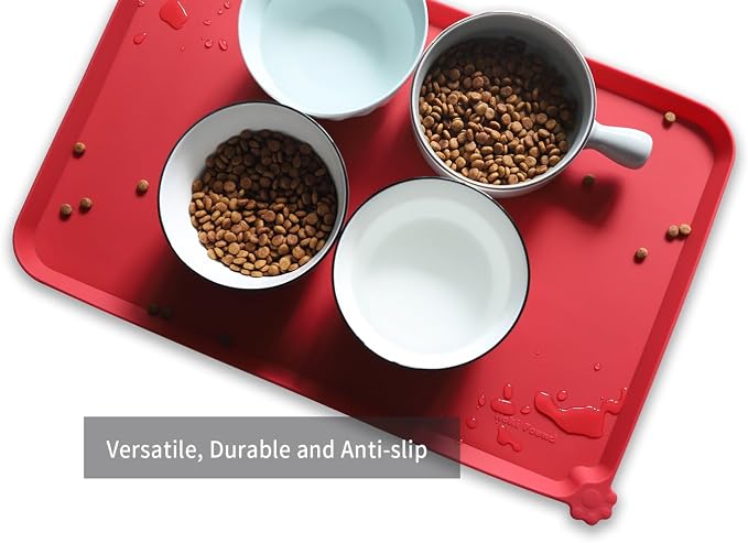 Hoki Found L Silicone Pet Food Mats Tray - Non Slip Pet Dog Cat Bowl Mats Placemat - Dog Pet Feeding Mat - Waterproof Dog Cat Food Mats -Pet Water Mats for Carpet - Classic red
