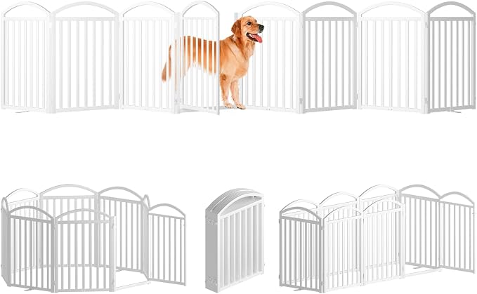 SNUOWU 8 Panels Full Matel Freestanding Dog Gates with Door, 192"Extra Wide 32"Tall Free Standing Dog Pet Gate for Indoor & Outdoor. Foldable Pet Fences for Doorways, House, Stairs, Porch, Deck, Yard