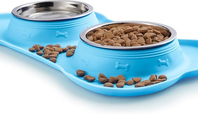 Hubulk Pet Dog Bowls 2 Stainless Steel Dog Bowl with No Spill Non-Skid Silicone Mat + Pet Food Scoop Water and Food Feeder Bowls for Feeding Small Medium Large Dogs Cats Puppies (Small, Turquoise)