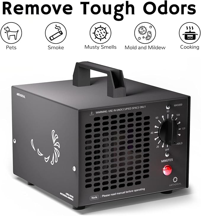 Airthereal MA5000 Ozone Generator, High Capacity, 2000 Sq Ft, Black | Ozone Air Ionizer for Rooms, Smoke, Cars, Pets, O3 deodorizer