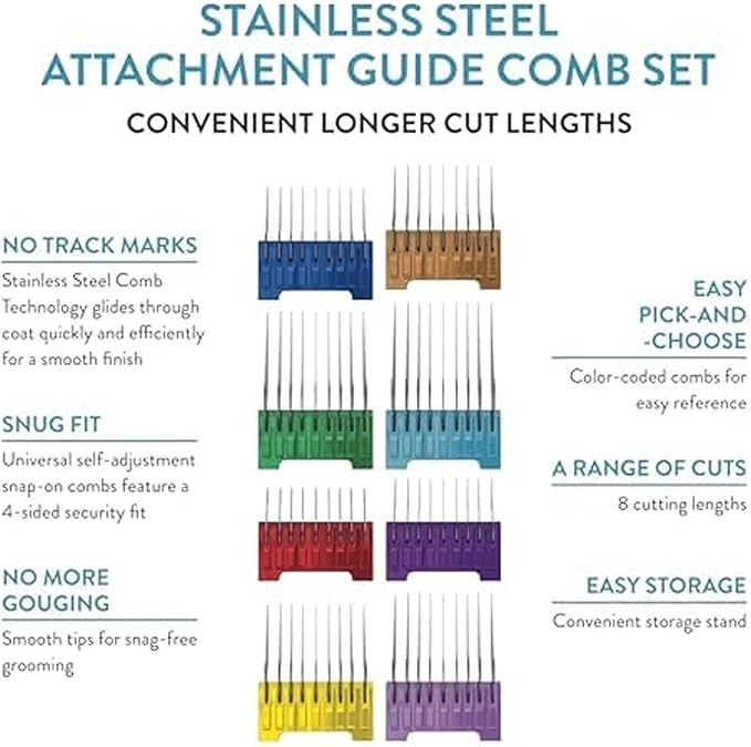 Wahl Professional Animal 5-in-1 Stainless Steel Comb Set, Multicolor 1 | 8 Color-Coded Cutting Lengths, Compatible with Arco, Motiva2, Bravura2, Bravura, and Chromado Clippers