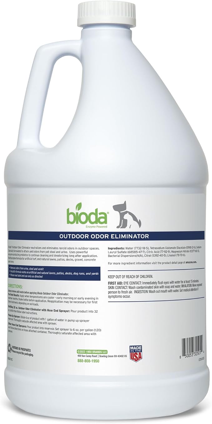 Bioda Probiotic Natural Outdoor Odor Eliminator, 1 gal Refill, Enzyme | Enzyme Cleaner Destroys Cat & Dog Odor, Neutralizer for Lawn, Artificial Grass, and Patios
