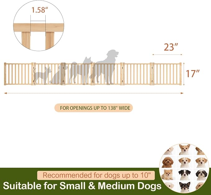 Wooden Freestanding Pet Gate Indoor - 16.9" Height 6 Panels | Foldable Portable Dog Gates, No-Painted Puppy Fence for Doorways Stairs Hallways