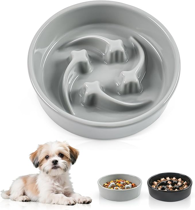 Ceramic Slow Feeder Dog Bowls,0.6 Cups Dog Food Dish for Small Breed | Puzzle Dog Food Bowl for Fast Eater, 15OZ, 6.3 inch(Grey)
