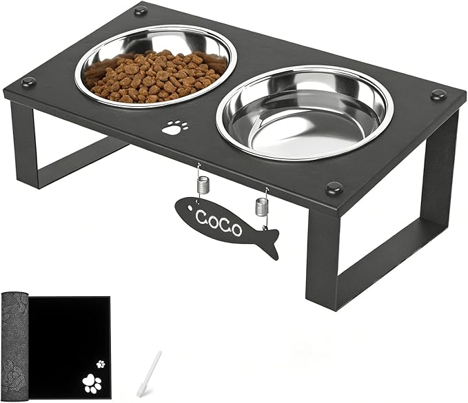 Elevated Cat Bowls with Splash Proof Mat for Kitten Puppy, 10° Tilted Raised Cat Bowl Stand Anti-Vomiting, 2 Wide Shallow Stainless Steel Bowls, Whisker Friendly, 3.5" Tall