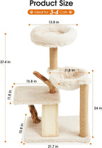 Letkind 38" Modern Cat Tree Tower for Large Indoor Cats, Perches-Natural Solid Wood Cat Tower with Sisal Scratching Post, Perches, Basket & Scratching Post, Aesthetic Boho Cat Furniture