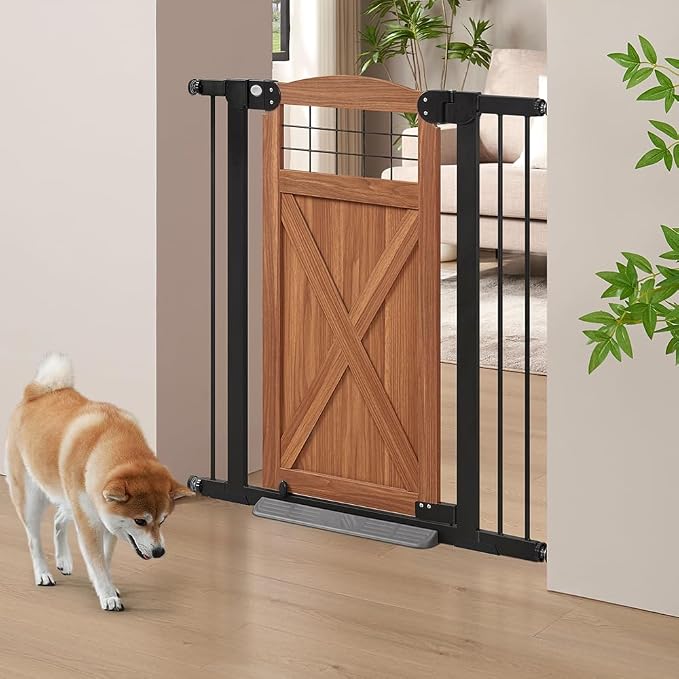 beeNbkks Farmhouse Barn Door Dog Gate, 39" Tall Anti-Trip Pet Barrier | No-Drill Pressure Mounted Pet Gate Fits 29"-40" Wide Openings, Featuring Wooden Walk-Through Door and Metal Frame
