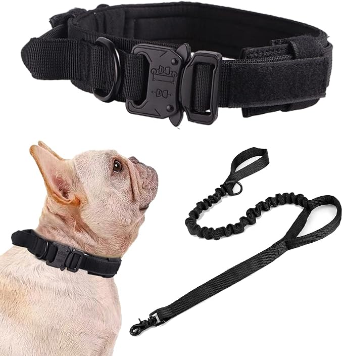 Tactical Dog Collar and Leash Set Adjustable Military Nylon Dog Collar with Control Handle and Heavy Duty Metal Buckle for Large Dogs （Black S | 1000D Heavy-Duty Nylon Fabric,Quick-Release Metal Buckle,Adjustable Fit,Soft-Padded Webbing,D-Ring,for Trai...