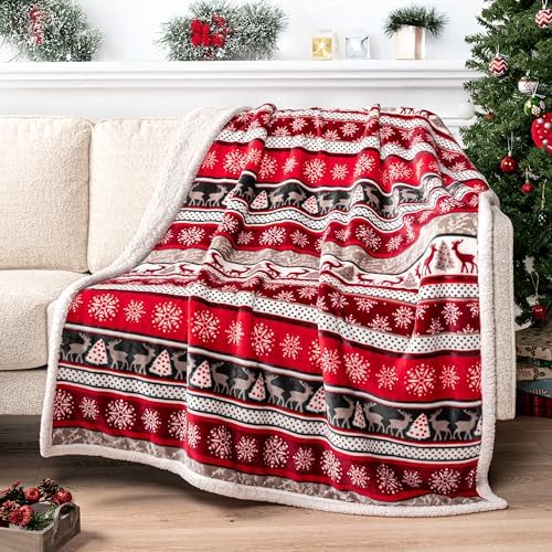 PAVILIA Christmas Sherpa Throw Blanket, Red & White Snowflake, Reindeer, Reversible Fleece & Sherpa Cozy Winter Blanket for Couch & Bed, 50x60, Christmas & Holiday Decor by PAVILIA