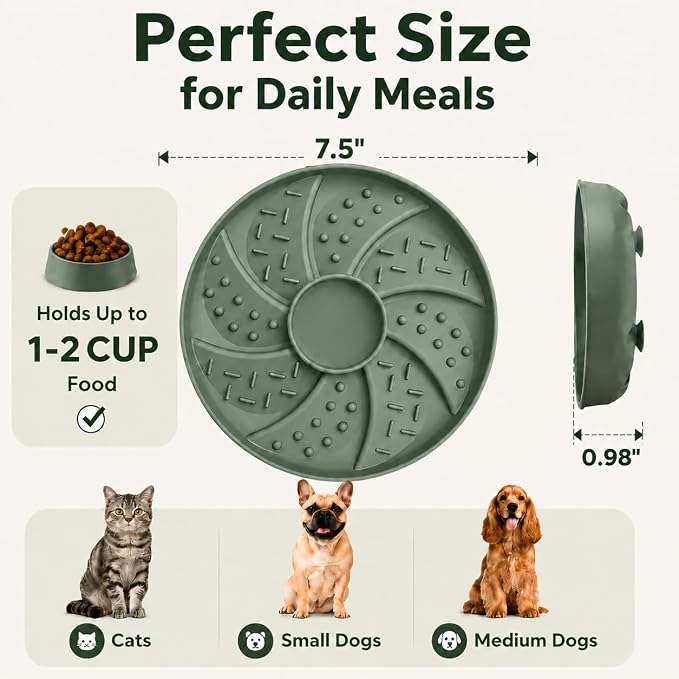 Slow Feeder Dog Bowl Silicone Suction Cup Anti Spill Dogs Cats Green | strong suction base prevents sliding, extends mealtime, reduces anxiety, textured surface, dishwasher safe