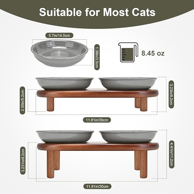 SPUNKYJUNKY Shallow Elevated Cat Bowl with Acacia Wood Stand Wide Raised Ceramic Cat Dishes Whisker Friendly Pet Food and Water Plates (Striped Pattern, Gray)