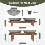 SPUNKYJUNKY Shallow Elevated Cat Bowl with Acacia Wood Stand Wide Raised Ceramic Cat Dishes Whisker Friendly Pet Food and Water Plates (Striped Pattern, Gray)