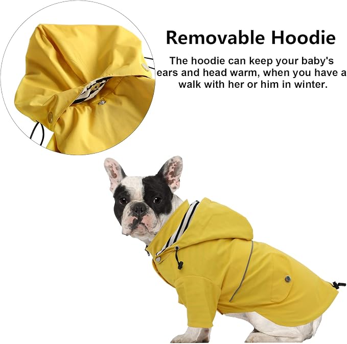 Morezi Dog Zip Up Raincoat with Reflective Buttons, Rain/Water Resistant, Adjustable Drawstring, Removable Hood, Raincoats with Legs 8lbs to 80lbs Available - Yellow - S