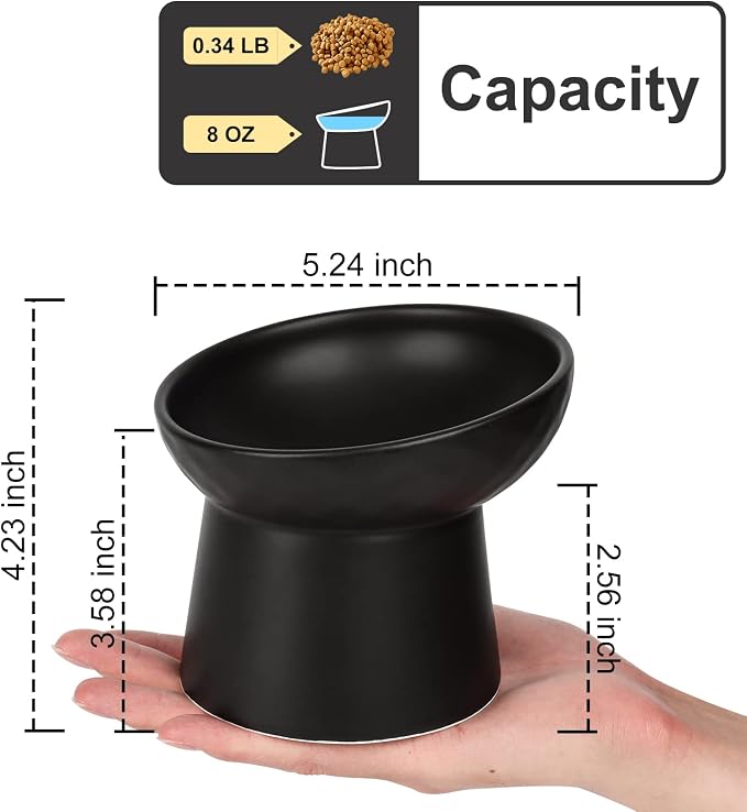 YauYik Ceramic Elevated Cat Bowls - 15°Tilted Cat Food Bowls for Indoor Cats, Whisker Fatigue Relief Shallow Cat Bowl, Anti Vomiting Raised Cat Feeding Bowls,8 Ounces, Black, 2 Pack