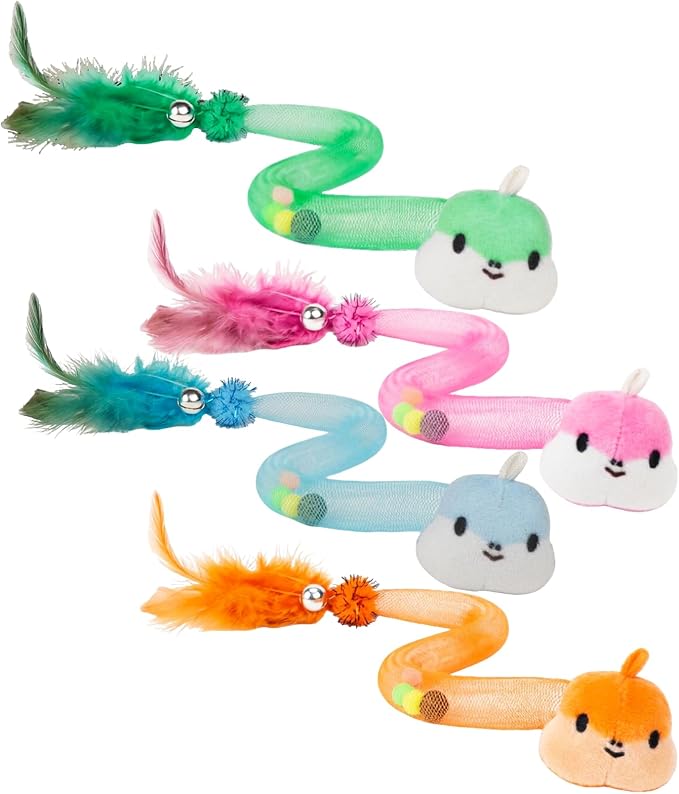 Cat Teaser Toys with Feathers and Bells, Flexible Tube 4-Pack | Four colorful teaser toys with feathers, bells, pom-poms, and flexible mesh tubes for chasing, batting, and pouncing