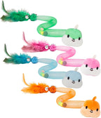 Cat Teaser Toys with Feathers and Bells, Flexible Tube 4-Pack | Four colorful teaser toys with feathers, bells, pom-poms, and flexible mesh tubes for chasing, batting, and pouncing