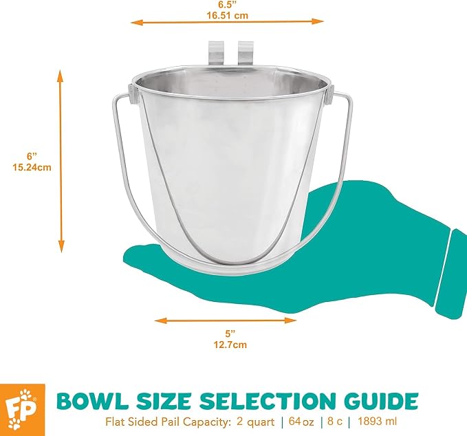 Fuzzy Puppy Flat Sided Pail with Dual Hooks, Snugly Fit On Dog, Cat and Critter Crates & Cages, Heavy Duty Stainless Steel | 2 Quart (PN: FSP-2)