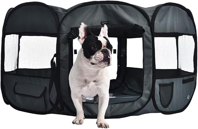 AmazonBasics Foldable Octagonal Indoor/Outdoor Portable Soft Pet Dog Playpen with Storage Pockets, Large (45 x 45 x 24 inches), Grey