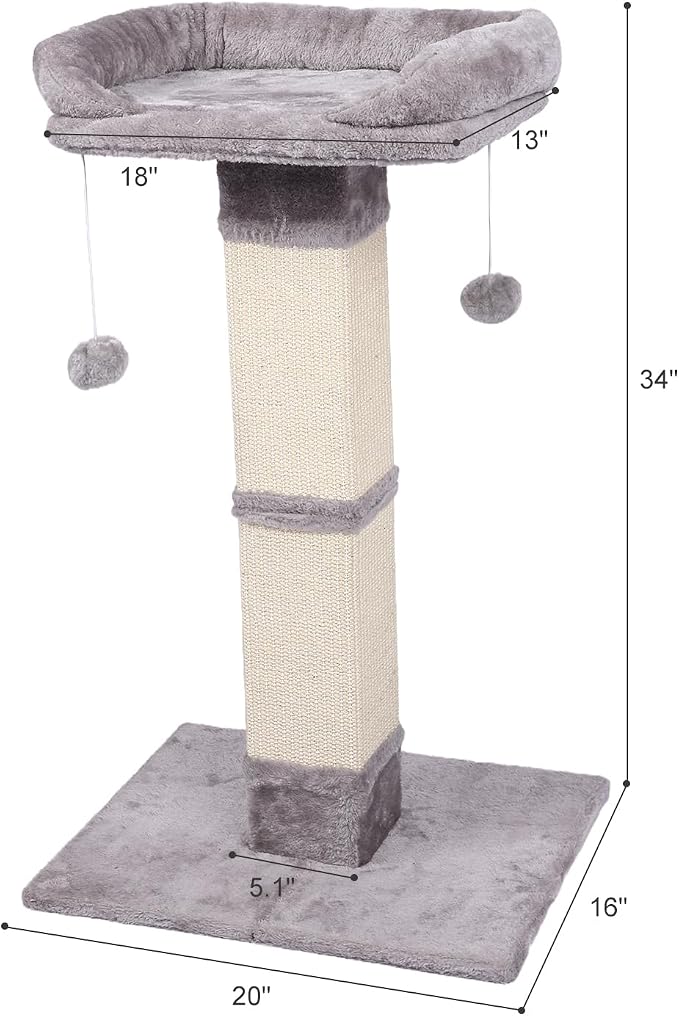 34" Tall Cat Scratching Post with Bed, Sisal Scratch Posts Trees with Plush Perch and Hanging Ball for Indoor Cats, Removable Cover, Large Scratch Post and Base, Rugged and Durable, Light Grey