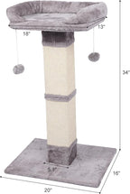 34" Tall Cat Scratching Post with Bed, Sisal Scratch Posts Trees with Plush Perch and Hanging Ball for Indoor Cats, Removable Cover, Large Scratch Post and Base, Rugged and Durable, Light Grey