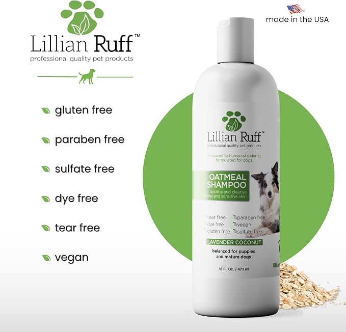 Lillian Ruff PRO Formula Deodorizing Oatmeal Dog Shampoo - Calms Itching & Allergies, Ultra-Nourishing Dry Skin Relief - Oatmeal, Aloe, Coconut Oil, Lavender & Provitamin B5 - Made in USA (16oz)