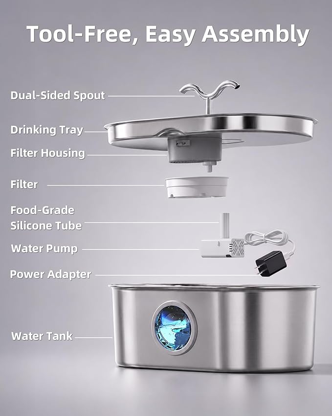 8L/270oz/2Gallon Stainless Steel Dog Water Fountain Pet Fountain | Automatic Pet Water Dispenser - Self-Designed Filtration System - Ultra-Quiet Pump - Easy Cleaning & Maintenance (3 Filters)