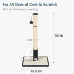 30 in Tall Cat Scratching Post,Thick Natural Sisal Scratcher with 15.8" Large Sisal Base, Interactive Hanging Pom-pom Ball & Plush Mouse Toy, Stable Cat Furniture of Indoor Cats
