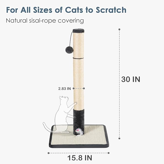 30 in Tall Cat Scratching Post,Thick Natural Sisal Scratcher with 15.8" Large Sisal Base, Interactive Hanging Pom-pom Ball & Plush Mouse Toy, Stable Cat Furniture of Indoor Cats