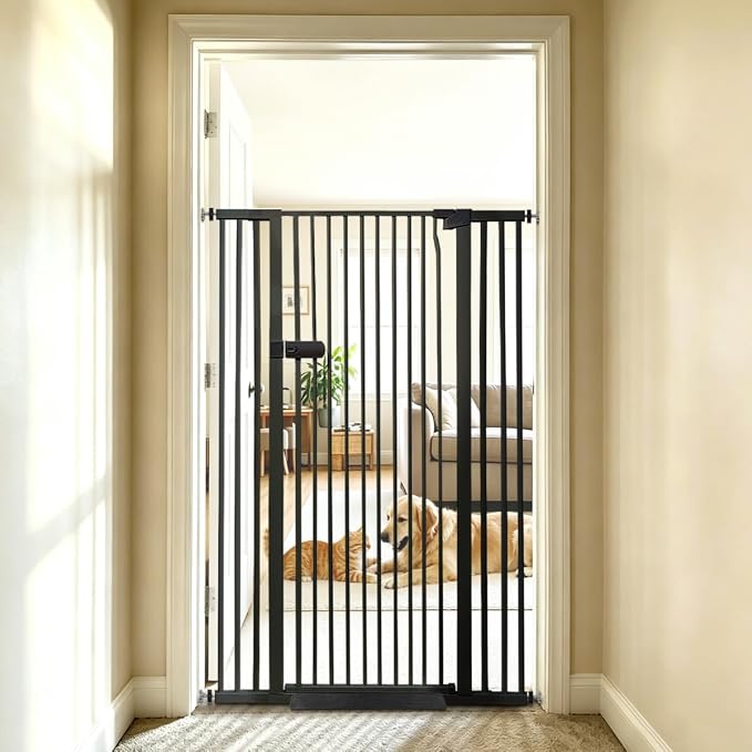 Lumizone Extra Tall Cat Gate 55.12" High 29.92"-42.51" Wide Pet Gate Black | Dog Gate for Doorway Hallway Stairs Pressure Mounted Extra Wide 1.37" Gap No Drilling Auto-Close One-Handed Operation